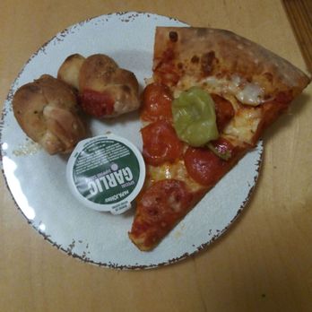 Papa Johns Pizza - slice of pep with peppercini and 2 garlic knots, 1 with dab of marinara, 1 prime for dippage in garlic butter sauce - Pizza Near Me - Tulsa, Oklahoma