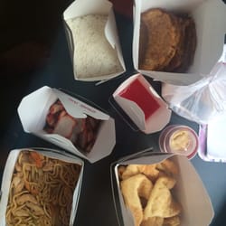 Chen's Dynasty - Egg foo young, crab puffs, chicken lo mein, and BBQ pork.