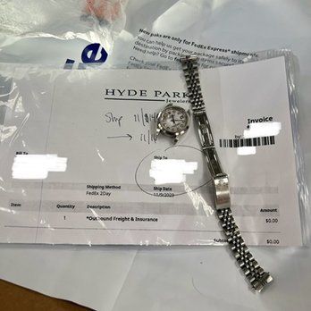 Hyde Park Jewelers - Opened at the FedEx counter. Receiving my Rolex from Hyde Jewelers disassembled, multiple pieces, uninsured, in a plastic ziplock bag. - Jewelry Near Me - Denver, Colorado Hyde Park Jewelers - Opened at the FedEx counter. Receiving my Rolex from Hyde Jewelers disassembled, multiple pieces, uninsured, in a plastic ziplock bag. - Jewelry Near Me - Denver, Colorado