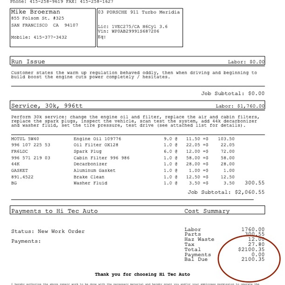 Hi-Tec Automotive - Invoice 2:  $2,1000 Result:  Engine doesn't run for $5k! - Car Dealers Near Me - San Rafael, California