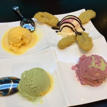 Sushi Osawa - Mango ice cream, Fried banana with vanilla ice cream (top right corner), green tea ice cream, red bean ice cream - Japanese Near Me - Norcross, Georgia