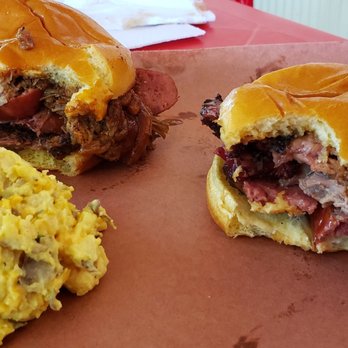 Brendyn's BBQ - Garebear sandwich, brisket, pork and sausage with sauce and a side of potato salad...amazing! Voted best in nac 2019 - Barbeque Near Me - Nacogdoches, Texas Brendyn's BBQ - Garebear sandwich, brisket, pork and sausage with sauce and a side of potato salad...amazing! Voted best in nac 2019 - Barbeque Near Me - Nacogdoches, Texas