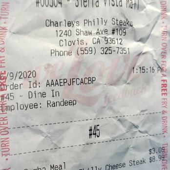 Charleys Cheesesteaks - Reciept showing time of order .. - Sandwiches Near Me - Clovis, California
