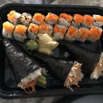 Sake - Top row is the California roll, left hand roll is the vegetable roll and next to it is the spicy crab hand rolls. - Sushi Bars Near Me - Stafford, Virginia Sake - Top row is the California roll, left hand roll is the vegetable roll and next to it is the spicy crab hand rolls. - Sushi Bars Near Me - Stafford, Virginia