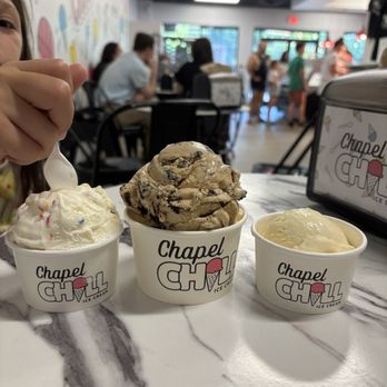 Chapel Chill - From L to R - half birthday cake, coffee Oreo, and peach - Ice Cream & Frozen Yogurt Near Me - Chapel Hill, North Carolina