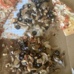 a pizza with olives and mushrooms