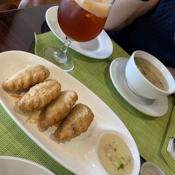 Eagle Thai Cuisine - Puffs ( the dip is delicious!); Sweet Corn Soup; Lychee Thai tea - Thai Near Me - Cliffside Park, New Jersey