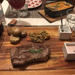 Steak with port wine sauce, seafood rice
