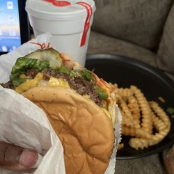 What-A-Burger - Double cheese Burger w/lettuce, tomatoes, pickle, onions, with extra cheese Fries and drink