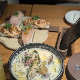 Miso Clam Chowder and various hand rolls Miso Clam Chowder and various hand rolls