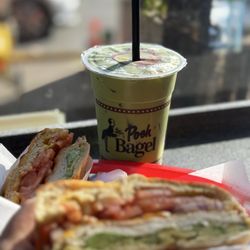 Posh Bagel - Turkey avocado melt on jalapeño cheddar bagel and matcha