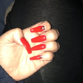 Pearly Nail Spa - Graduation nails! Ferrari Red acrylics with Crystal designs - Nail Salons Near Me - Azusa, California Pearly Nail Spa - Graduation nails! Ferrari Red acrylics with Crystal designs - Nail Salons Near Me - Azusa, California