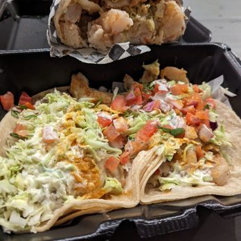 Ensenada's Surf N Turf Grill - Half of a SHRIMP BURRITO, grilled FISH TACO and SHRIMP TACO - Mexican Near Me - El Segundo, California