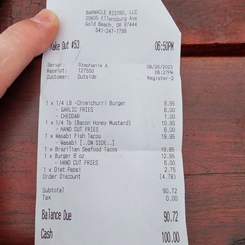Barnacle Bistro - Receipt - American Near Me - Gold Beach, Oregon Barnacle Bistro - Receipt - American Near Me - Gold Beach, Oregon