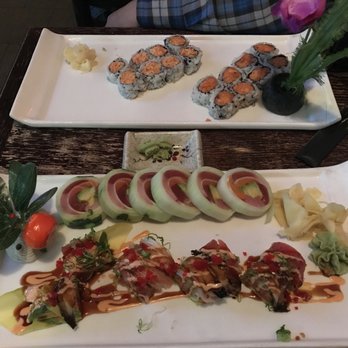 Okinii - Top: Spicy salmon and spicy tuna roll. Bottom: #D Naruto Roll with salmon, yellowtail, and tuna and pink lady roll - Sushi Bars Near Me - New York, New York Okinii - Top: Spicy salmon and spicy tuna roll. Bottom: #D Naruto Roll with salmon, yellowtail, and tuna and pink lady roll - Sushi Bars Near Me - New York, New York