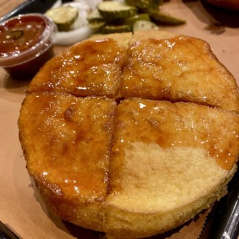 317 BBQ - Cornbread with seasoning sauce - way too spicy! - Barbeque Near Me - Indianapolis, Indiana