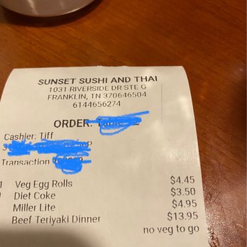 Sunset Sushi And Thai - 3.50 for a can Diet Coke. - Sushi Bars Near Me - Franklin, Tennessee Sunset Sushi And Thai - 3.50 for a can Diet Coke. - Sushi Bars Near Me - Franklin, Tennessee