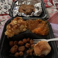 Tasty Soul Food & Bar - Pork chops, mac & cheese, okra, sweet potatoes, and a roll