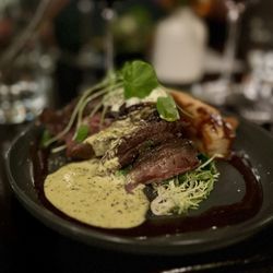 ANDY'S GRASS-FED BEEF mille fuelle, seared greens, bearnaise. Every element was done to perfection.