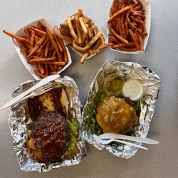 Patty Wagon - Create your own with three patties and cheddar, the chef special, sweet potato fries + regular fries