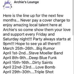 Archie's Lounge - This is our line up for though out the end of the year!!!