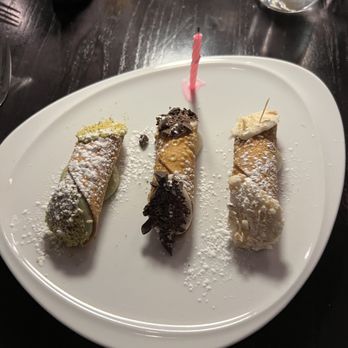 Tre Vele - Birthday cannolis Left to right: pistachio, chocolate, coconut - Italian Near Me - Sandy Springs, Georgia Tre Vele - Birthday cannolis Left to right: pistachio, chocolate, coconut - Italian Near Me - Sandy Springs, Georgia