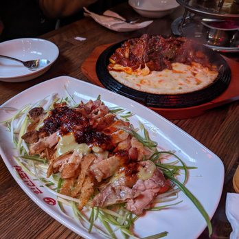 Hanshin Pocha - Chicken and green onion muchim, and BBQ Pork with Cheese and gochuchang - Korean Near Me - Oakland, California Hanshin Pocha - Chicken and green onion muchim, and BBQ Pork with Cheese and gochuchang - Korean Near Me - Oakland, California