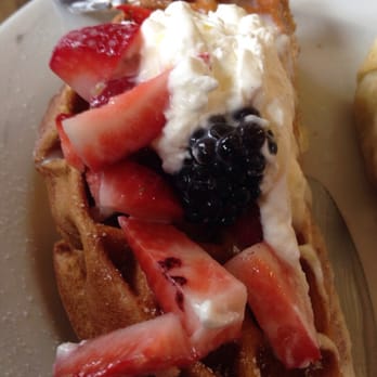 Monkey Business Cafe - Half of the berries and cream waffle, double stacked! - Sandwiches Near Me - Fullerton, California Monkey Business Cafe - Half of the berries and cream waffle, double stacked! - Sandwiches Near Me - Fullerton, California