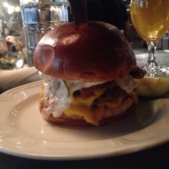 Au Cheval - Burger! Standard is Dijon sauce, bread & bitter pickles, cheddar...added the most amazing *thick* sliced bacon. - Bars Near Me - Chicago, Illinois Au Cheval - Burger! Standard is Dijon sauce, bread & bitter pickles, cheddar...added the most amazing *thick* sliced bacon. - Bars Near Me - Chicago, Illinois