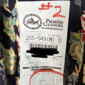 Premiere Cleaners - Receipt for dry cleaning one dress. - Laundry Services Near Me - Carlsbad, California Premiere Cleaners - Receipt for dry cleaning one dress. - Laundry Services Near Me - Carlsbad, California
