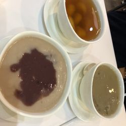 糖水佬甜品 - Green beans soup Sesame rice balls with ginger red sugar sweet potatoes soup Red beans mixed with walnut paste soup
