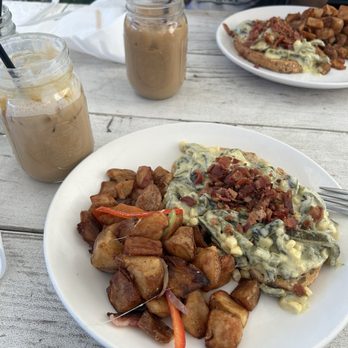 Toast on First - Rajas con crema on sourdough with country potatoes & a Caramel latte. My friend got the same thing! - Coffee & Tea Near Me - Whittier, California