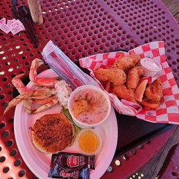 Half crab special with clam chowder, garlic bread and drawn butter and Albacore and chips Half crab special with clam chowder, garlic bread and drawn butter and Albacore and chips