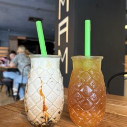 Umami Noodle Bar - Brown sugar milk tea with boba, refresher with popping boba