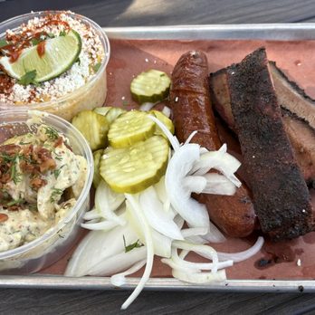 Hurtado Barbecue - 3 Meat Plate Beef House-Made Sausage, Pork Spare Rib and Brisket w/ Street Corn and Potato Salad - Barbeque Near Me - Arlington, Texas
