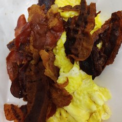 There's a difference between crispy bacon and burned bacon. Hash browns or toast missing.