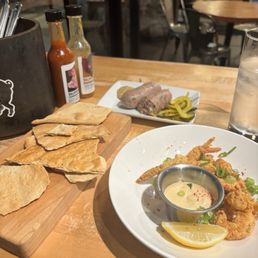 Boudin, crackers, shrimp