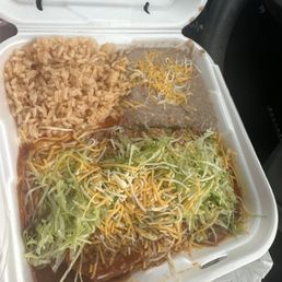 Chicken Two Enchiladas (w/ Meat) special including drink only $8.99 plus tax.