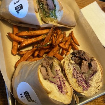 LA Brisket - The 405 Sandwich & 101 Sandwich both with brisket and a side of sweet potato fries. Good portions and tasted delicious! - Sandwiches Near Me - Artesia, California LA Brisket - The 405 Sandwich & 101 Sandwich both with brisket and a side of sweet potato fries. Good portions and tasted delicious! - Sandwiches Near Me - Artesia, California