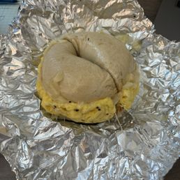 Pacific sunrise on plain bagel with Swiss cheese and no meat. Pacific sunrise on plain bagel with Swiss cheese and no meat.