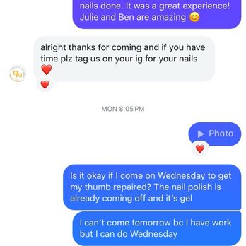 Dn Infinity Nail Spa - This shows the time frame of me getting my nails done on Saturday and requesting them to be fixed 2 days later - Nail Salons Near Me - Fort Lauderdale, Florida