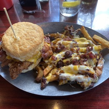 bisQit - Chicken, bacon, cheddar, honey butter on a biscuit w/ cheese-bacon fries. - Burgers Near Me - Pawleys Island, South Carolina