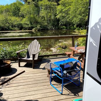 Azalea Glen - The patio behind our trailer over looking the pond. - Campgrounds Near Me - Trinidad, California