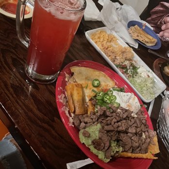 Aztecas Restaurant & Cantina - Sampler plate, strawberry drink, and a side of beans and rice from the fajita plate. - Mexican Near Me - Mobile, Alabama