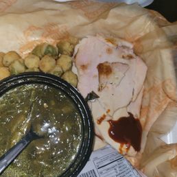 In this photo, you have my sliced Turkey.The side of greens and the side of fried okra