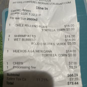 El Mora Restaurant - Receipt - Mexican Near Me - Palmdale, California