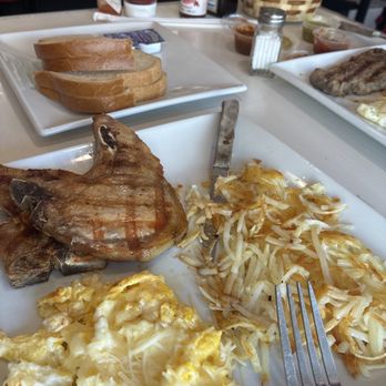 Jovi's Diner - My Pork Chops And Scrambled Eggs With Cheese, Hash Browns, And Sourdough Toast. - Mexican Near Me - San Bernardino, California Jovi's Diner - My Pork Chops And Scrambled Eggs With Cheese, Hash Browns, And Sourdough Toast. - Mexican Near Me - San Bernardino, California