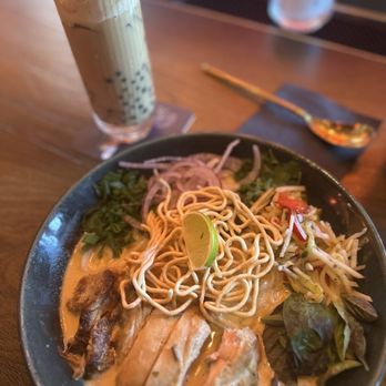 The Blue Dragon - chicken khao so and thai milk powder cocktail with popping boba - Pan Asian Near Me - Orlando, Florida The Blue Dragon - chicken khao so and thai milk powder cocktail with popping boba - Pan Asian Near Me - Orlando, Florida
