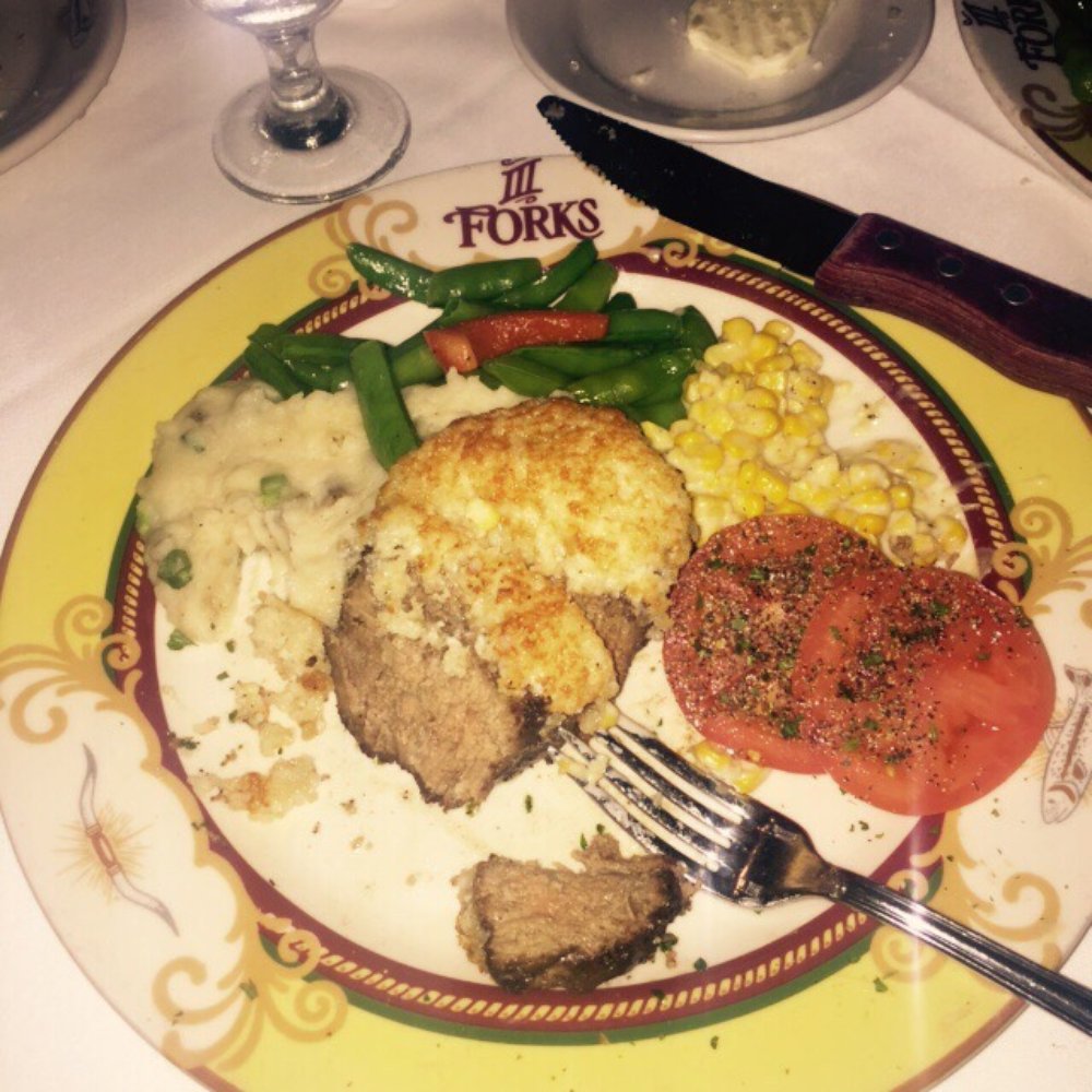 III Forks - 12 ounce filet with parmesan crust. Whipped potatoes, creamed corn, and snap peas on the side. - Steakhouses Near Me - Frisco, Texas III Forks - 12 ounce filet with parmesan crust. Whipped potatoes, creamed corn, and snap peas on the side. - Steakhouses Near Me - Frisco, Texas