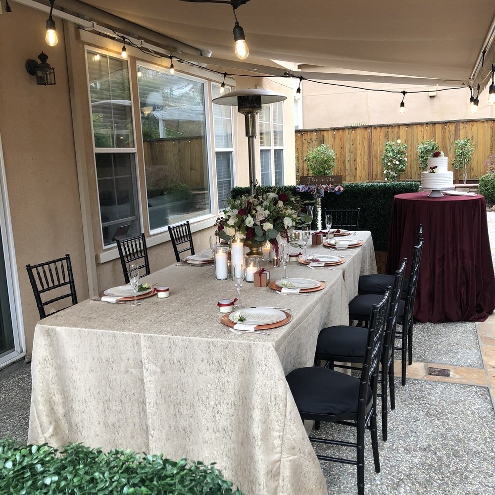 Trend Event Collections - Tables, chairs, velvet linens, chargers from Pleasanton rentals for backyard pandemic wedding. - Party & Event Planning Near Me - Livermore, California Trend Event Collections - Tables, chairs, velvet linens, chargers from Pleasanton rentals for backyard pandemic wedding. - Party & Event Planning Near Me - Livermore, California